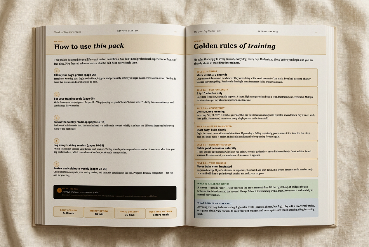 Flat-lay of The Good Dog Starter Pack: printed cover, session cards, training checklist, clicker, leash