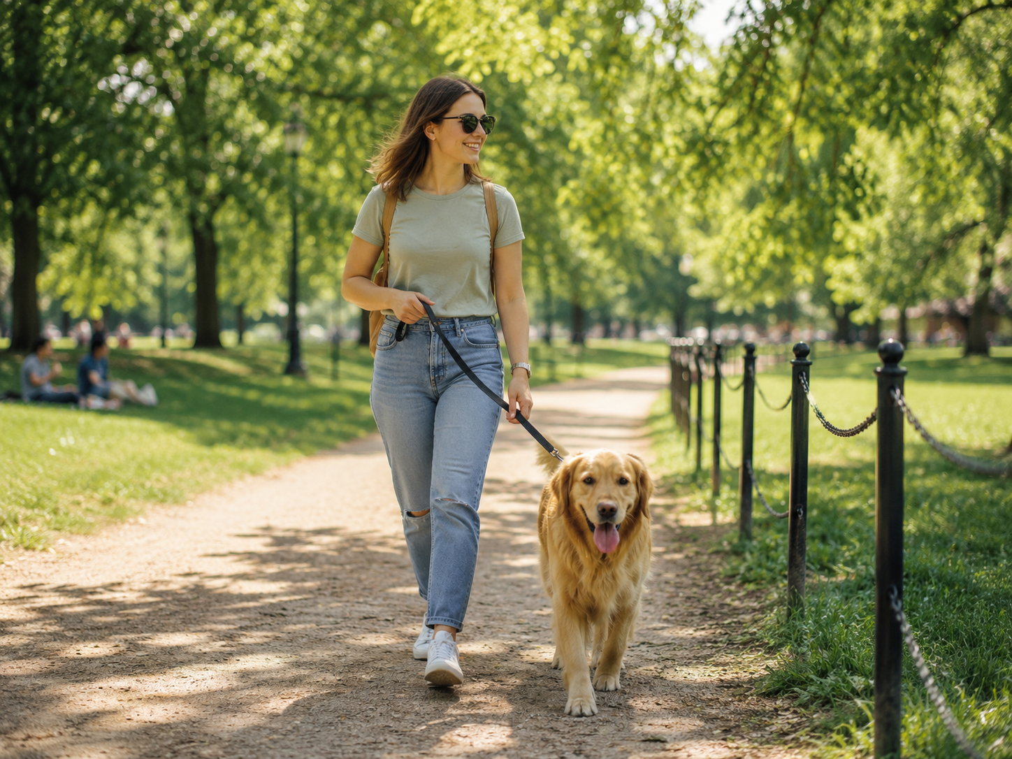 Happy owner walking a relaxed golden retriever on a loose leash in a sunny park