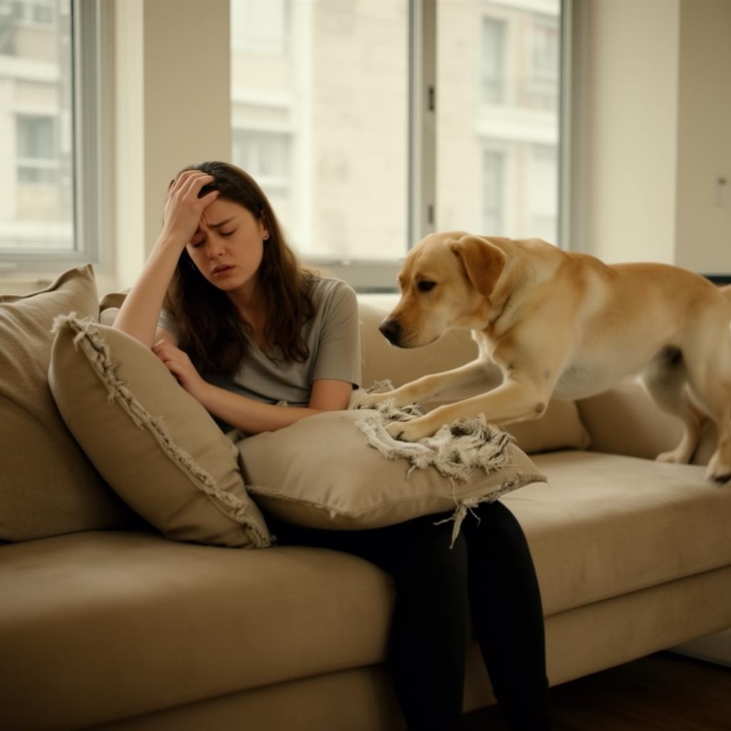 Tired dog owner sitting on a sofa next to an energetic young labrador chewing a cushion
